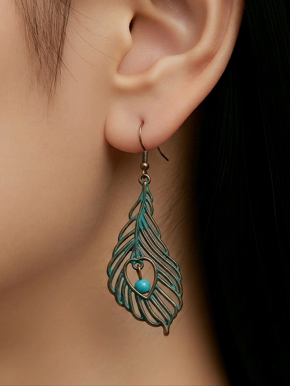 Western Cowgirl Feather Earrings Turquoise Patina Boho Dangle Desert Breeze Chic